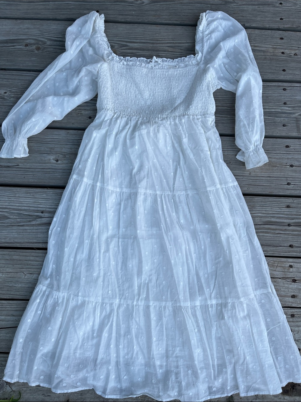 White Swiss Dot Smocked Maxi Dress with Puff Sleeves